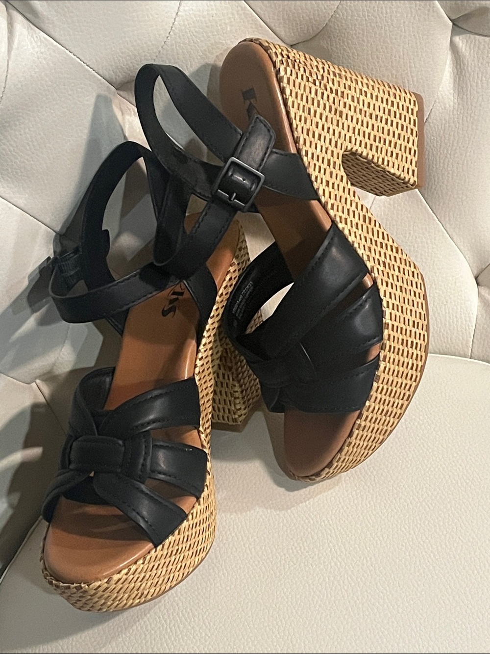 Kork-Ease Black Leather Woven-Platform Sandals